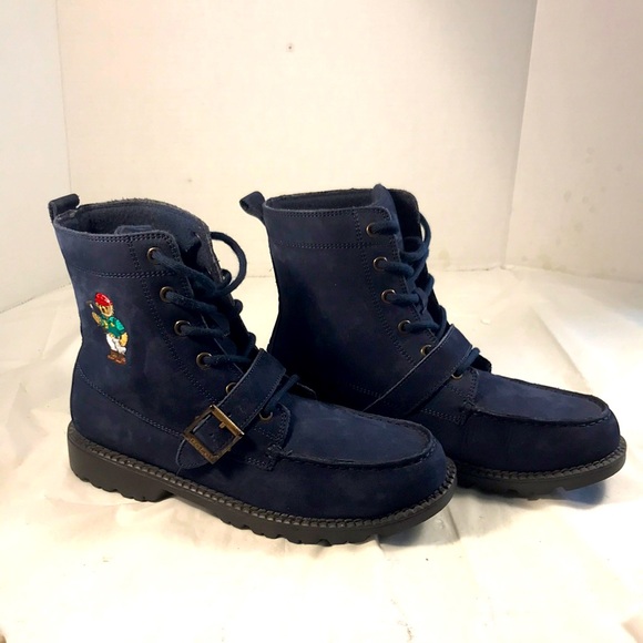 Polo Ralph Lauren Navy Blue Leon Lace-Up Ankle Boots with Embroidered Polo Bear - Picture 1 of 10